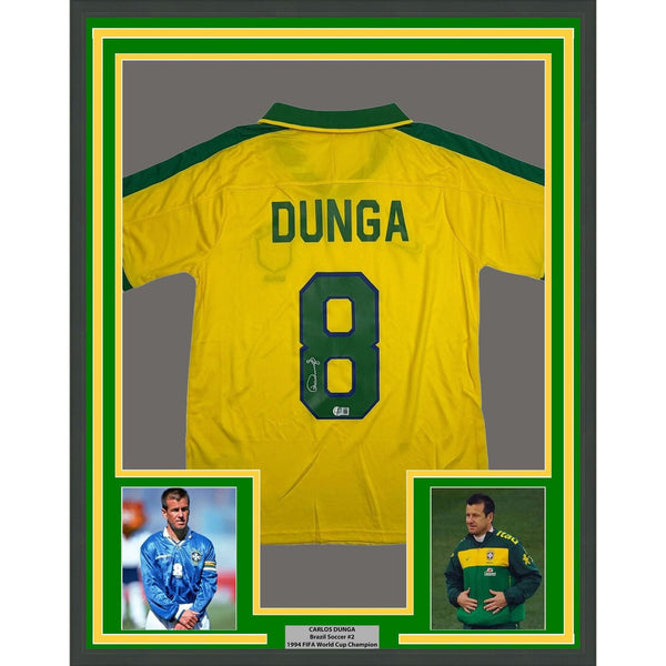 Framed Autographed/Signed Carlos Dunga 35x39 Brazil Yellow Jersey BAS COA