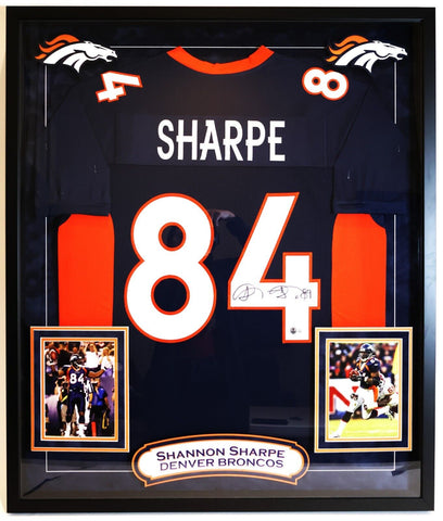 Shannon Sharpe Autographed Custom Navy Broncos Jersey in Deluxe Frame BAS COA