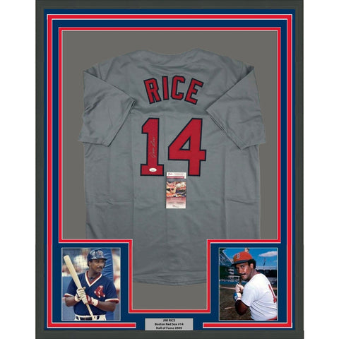 FRAMED Autographed/Signed JIM RICE 35x39 Boston Grey Jersey JSA COA