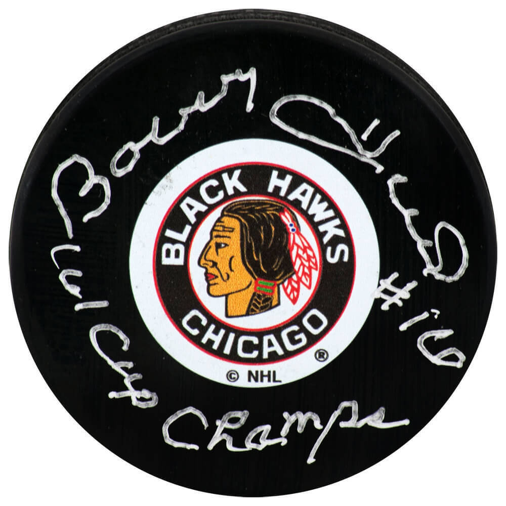 Bobby Hull Signed Blackhawks T/B Logo Hockey Puck w/61 Cup Champs - (P ...