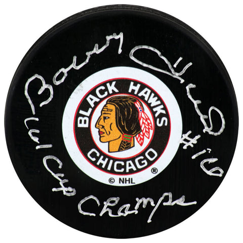 Bobby Hull Signed Blackhawks T/B Logo Hockey Puck w/61 Cup Champs - (PSA COA)