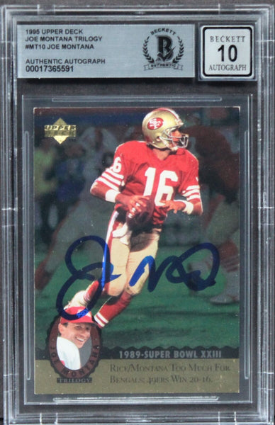 49ers Joe Montana Signed 1995 Upper Deck Trilogy #MT16 Card Auto 10! BAS Slab 2