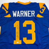 Autographed/Signed Kurt Warner St. Louis Blue Football Jersey JSA COA