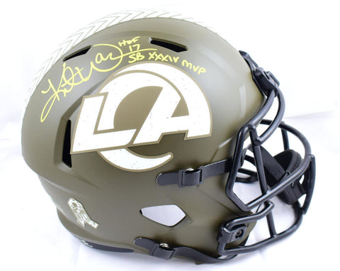 Kurt Warner Autographed F/S Rams STS Speed Helmet w/HOF, SB MVP - Beckett W Holo