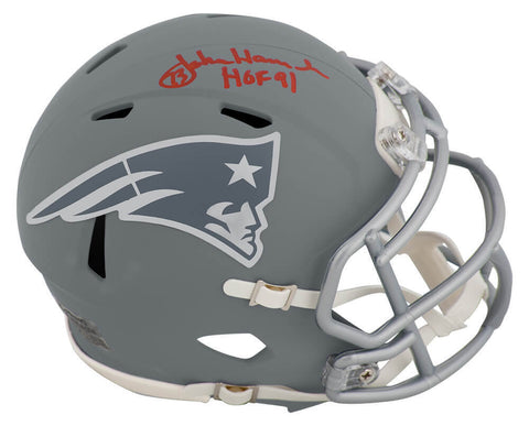 John Hannah Signed Patriots SLATE Riddell Speed Mini Helmet w/HOF'91 - (SS COA)