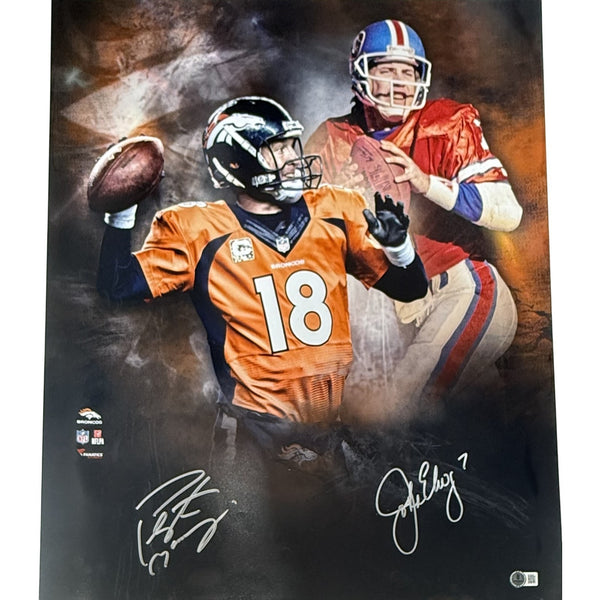 John Elway Peyton Manning Signed Denver Broncos 20x24 Photo AS IS Beckett 57880