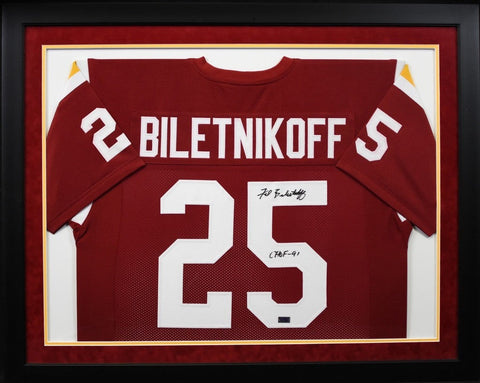 FRED BILETNIKOFF SIGNED FLORIDA STATE SEMINOLES #25 FRAMED JERSEY W/ CHOF 91