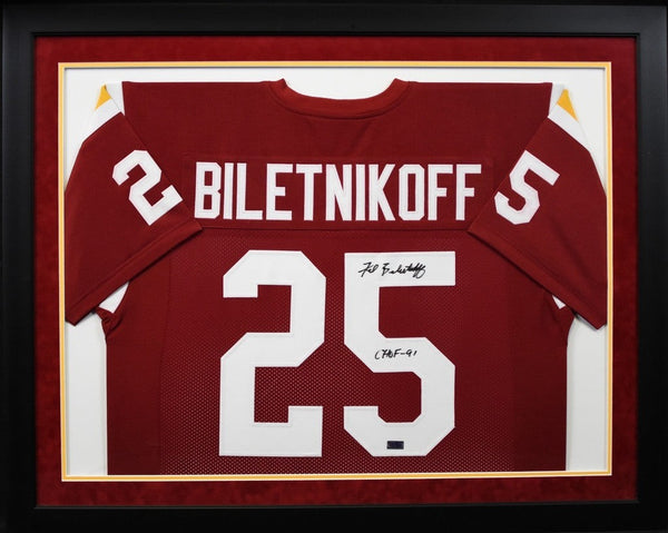 FRED BILETNIKOFF SIGNED FLORIDA STATE SEMINOLES #25 FRAMED JERSEY W/ CHOF 91