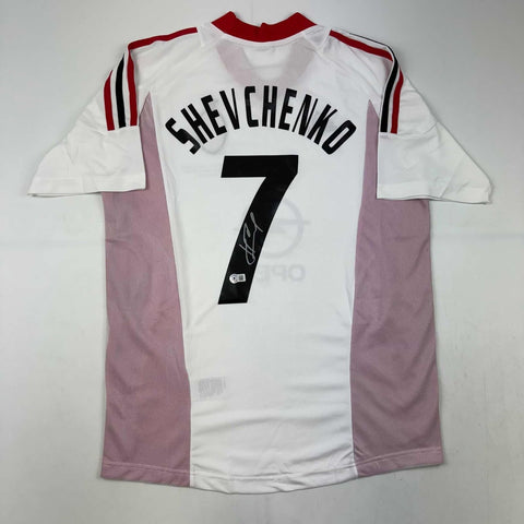 Autographed/Signed Andriy Shevchenko AC Milan White Soccer Futbol Jersey BAS COA