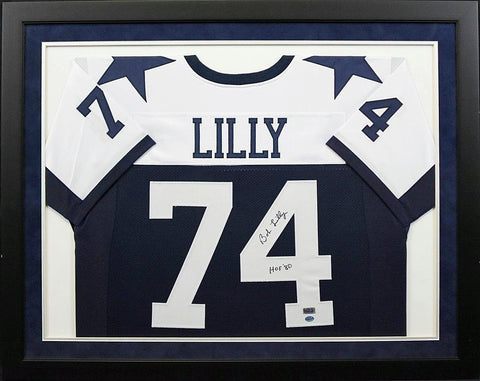BOB LILLY AUTOGRAPHED DALLAS COWBOYS #74 NAVY FRAMED JERSEY W/ HOF 80