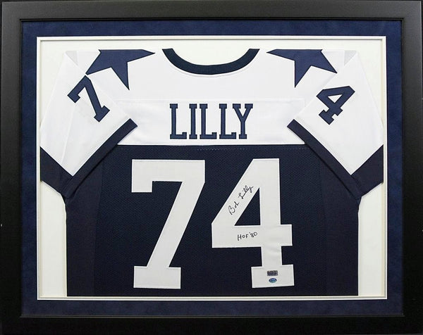 BOB LILLY AUTOGRAPHED DALLAS COWBOYS #74 NAVY FRAMED JERSEY W/ HOF 80