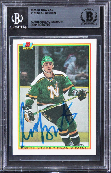 North Stars Neal Broten Authentic Signed 1990 Bowman #178 Card BAS Slabbed