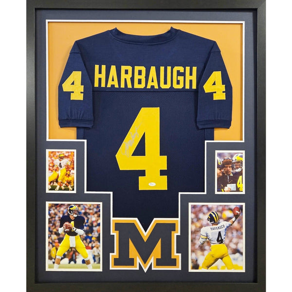 Jim Harbaugh Autographed Signed Framed Blue Michigan Wolverines Jersey JSA