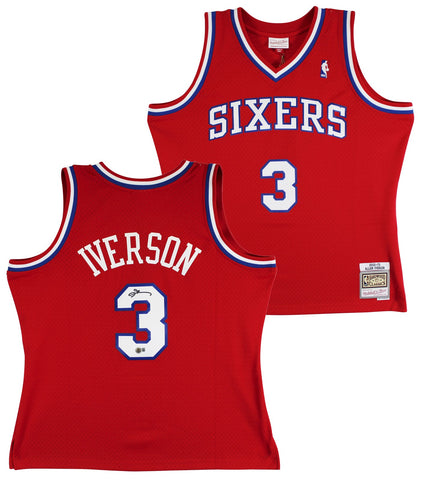 76ers Allen Iverson Signed Red 2002-03 M&N HWC Swingman Jersey BAS Witnessed