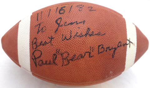 Paul Bear Bryant Autographed Wilson Football Alabama To Jim Beckett AB93851