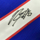 FRAMED Autographed/Signed RODNEY HAMPTON 33x42 New York Blue Jersey JSA COA Auto