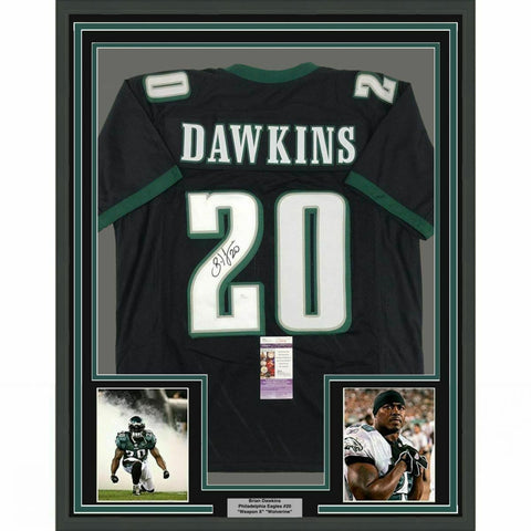 FRAMED Autographed/Signed BRIAN DAWKINS 33x42 Philadelphia Black Jersey JSA COA