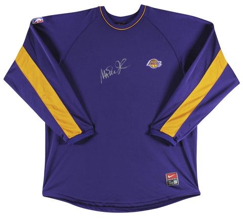 Lakers Magic Johnson Authentic Signed Purple Nike Warmup Shirt BAS Wit #W205616