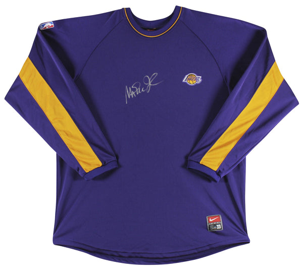 Lakers Magic Johnson Authentic Signed Purple Nike Warmup Shirt BAS Wit #W205616