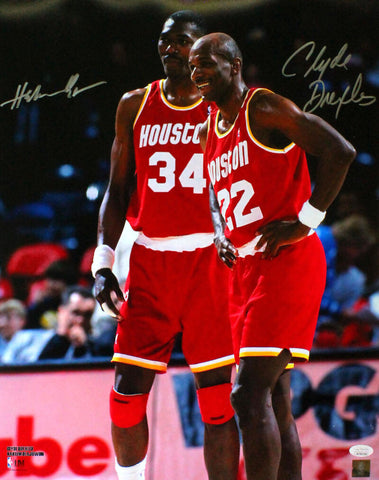 Drexler/Olajuwon Houston Rockets Autographed 16x20 Red JSY Photo- JSA W *Silver