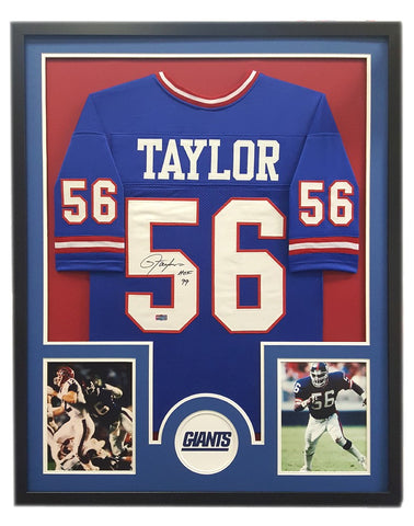 Lawrence Taylor Signed New York Giants Custom Framed Royal Blue Jersey with "HOF 99" Inscription - Circle Decal