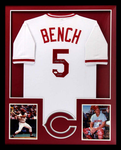 Johnny Bench Signed Cincinnati Reds Framed White Custom Jersey With "HOF 89" Inscription