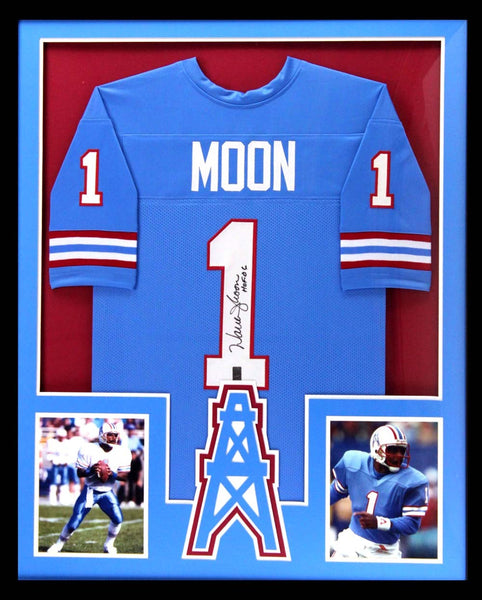 Warren Moon Signed Houston Oilers Framed Throwback Powder Blue Custom Jersey With "HOF 06" Inscription
