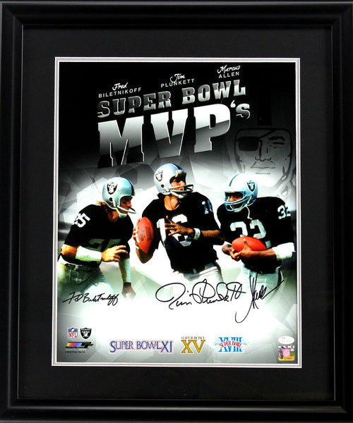 Marcus Allen, Fred Biletnikoff & Jim Plunkett Signed Oakland Raiders Framed Super Bowl MVP's 16x20 NFL Photo