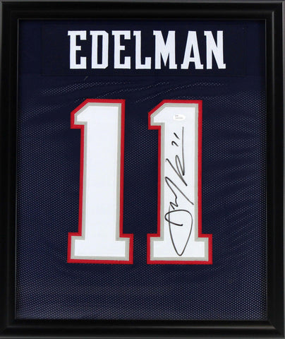 Julian Edelman Signed New England Patriots Framed 27x23 Blue Custom Jersey