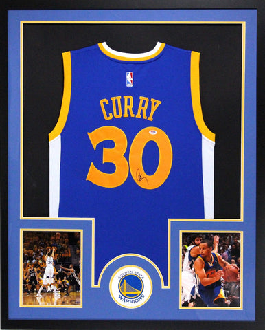 Steph Curry Signed Golden State Warriors Adidas Framed Swingman Navy Blue NBA Jersey