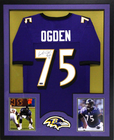 Jonathan Ogden Signed Baltimore Ravens Framed Purple Custom Jersey With "HOF 2013" Inscription