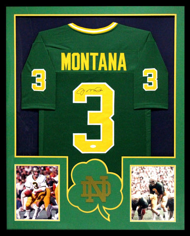 Joe Montana Signed Notre Dame Fighting Irish Framed Green Custom Jersey
