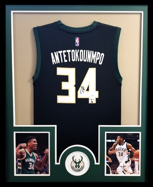 Milwaukee Bucks Giannis Antetokounmpo Autographed Framed Green Jersey — RSA