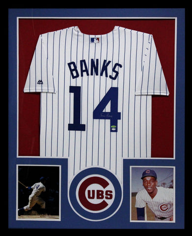 Ernie Banks Signed Chicago Cubs Authentic White Framed Majestic Jersey