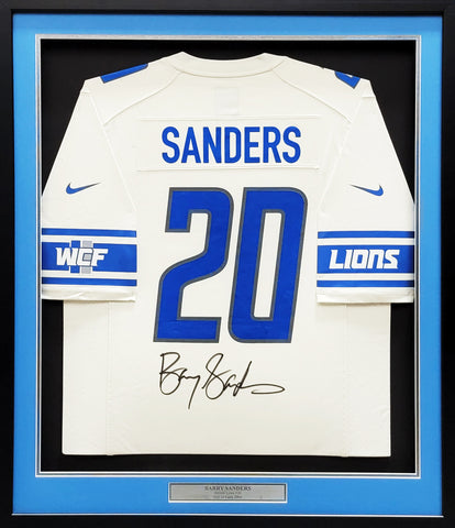 DETROIT LIONS BARRY SANDERS AUTOGRAPHED FRAMED WHITE NIKE JERSEY BECKETT 209461