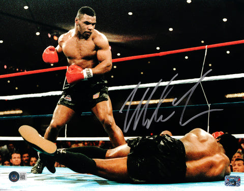 MIKE TYSON AUTOGRAPHED 11X14 PHOTO STANDING OVER BECKETT BAS STOCK #206982