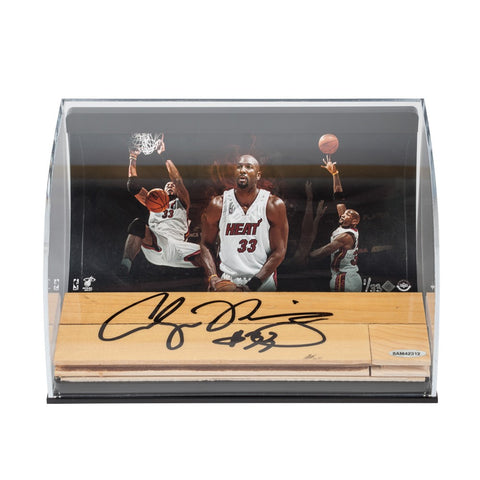 Alonzo Mourning Heat Photo with Autographed NBA Game-Used Floor Curve Display