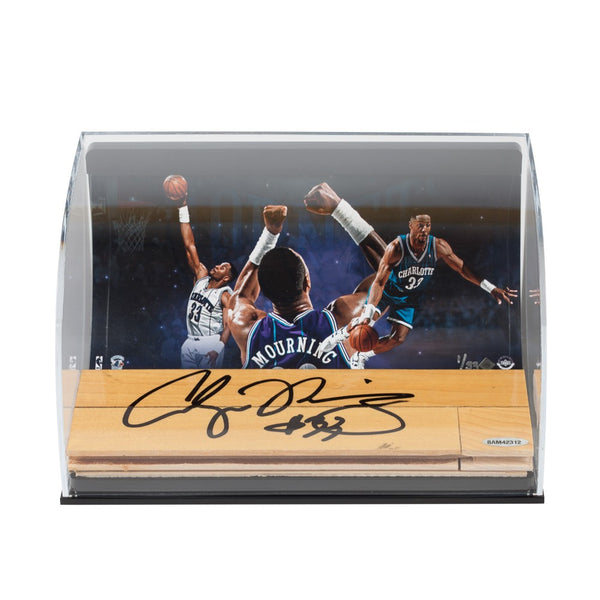 Alonzo Mourning Hornets Photo with Autographed NBA Game-Used Floor Curve Display