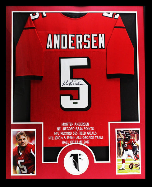 Morten Andersen Signed Atlanta Falcons Custom Framed Career Stat Red Jersey