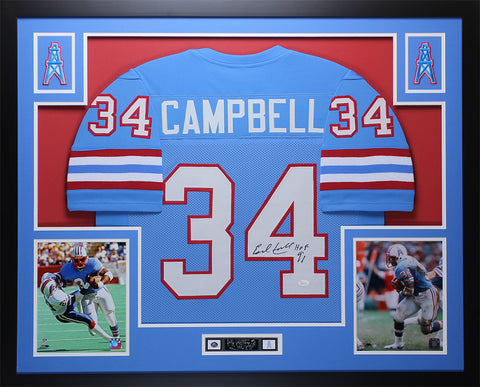 Earl Campbell Autographed HOF '91 and Framed Blue Oilers Jersey