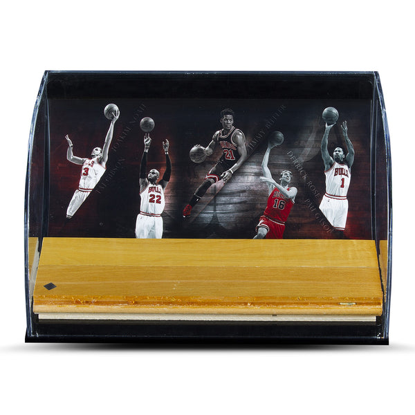 Chicago Bulls "Defenders of the Hardwood" Game Used Floor Piece Curve Display Case
