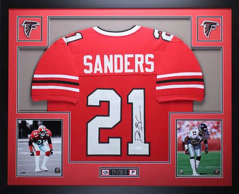 Deion Sanders Autographed and Framed Red Falcons Jersey Auto JSA COA D9-L
