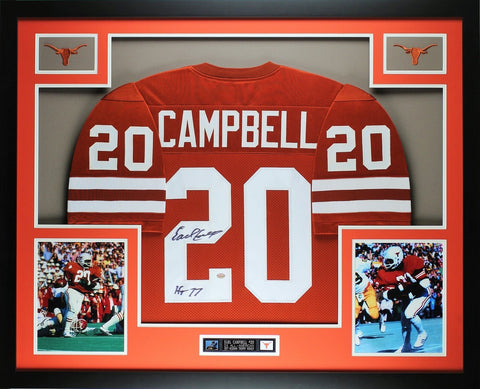Earl Campbell Autographed HT 77 and Framed Orange Longhorns Jersey