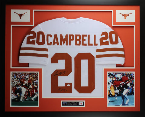 Earl Campbell Autographed HT 77 and Framed White Longhorns Jersey