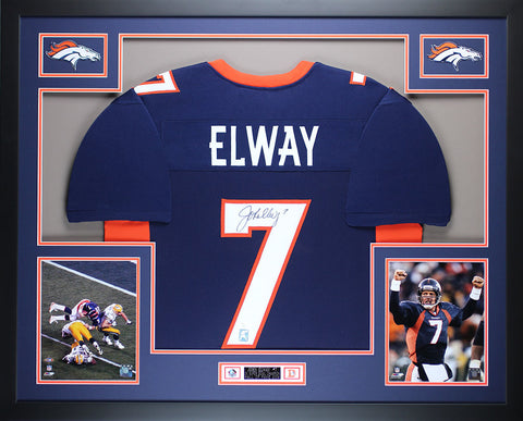John Elway Autographed and Framed Blue Broncos Jersey