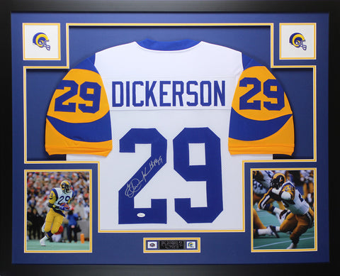 Eric Dickerson Autographed and Framed White Rams Jersey