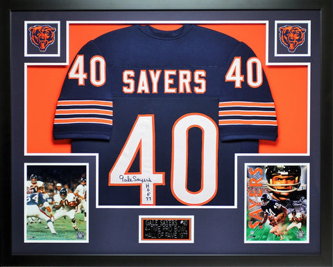 Gale Sayers Autographed HOF 77 and Framed Navy Bears Jersey