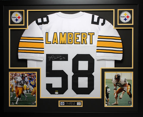 Jack Lambert Autographed "HOF 90" and Framed White Steelers Jersey