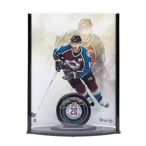 Joe Sakic Autographed 20th Anniversary Avalanche Puck with Captain Picture Curve Display
