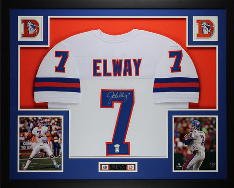 John Elway Autographed and Framed White Broncos Jersey